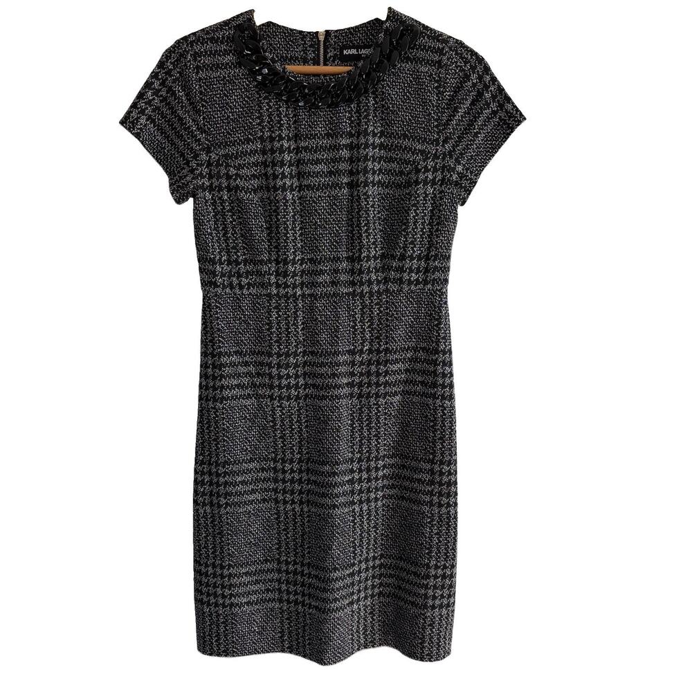 Karl Lagerfeld Paris Glen Plaid Black & White Shift Dress Size 4 Black Chain